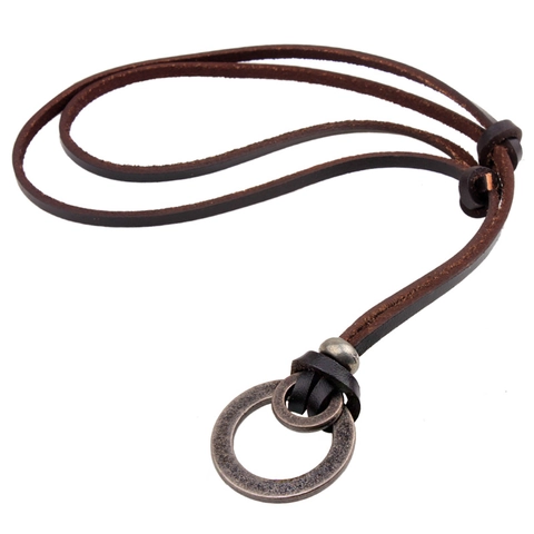Collier Vintage En Cuir De Vachette Avec Pendentif En Alliage À Double Cercle Bijoux Longs Réglables Pour Hommes Femmes Style Rétro