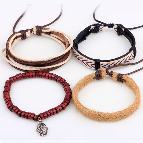 Bracciale in Pelle Multistrato Vintage Bohemien Ciondolo in Lega Mano di Fatima Perlina in Legno Bracciale Avvolgente Intrecciato a Mano