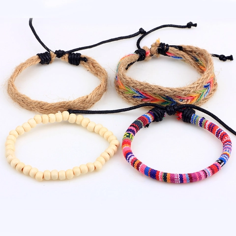 Bohemian Nepal Style Multi-Strand Woven Bracelet Handmade Cotton Hemp Wax Rope Braided Wristband Ethnic Wood Bead Adjustable Jewelry