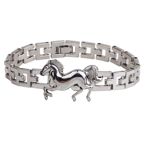 Bracciale in Lega di Zinco da Uomo con Cavallo al Galoppo Retrò Stile Personalizzato Fibbia Orologio Catena Geometrica Argento