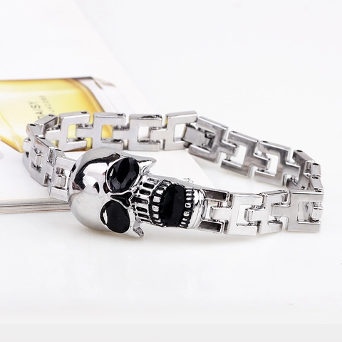 Bracciale Teschio in Lega Punk Gothic da Uomo Argento Nero Goccia d'Olio Fibbia per Orologio Catena Gioielli di Moda Regalo