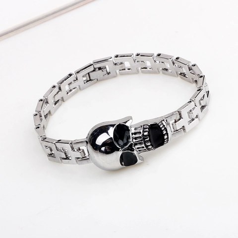 Bracciale Teschio in Lega Punk Gothic da Uomo Argento Nero Goccia d'Olio Fibbia per Orologio Catena Gioielli di Moda Regalo