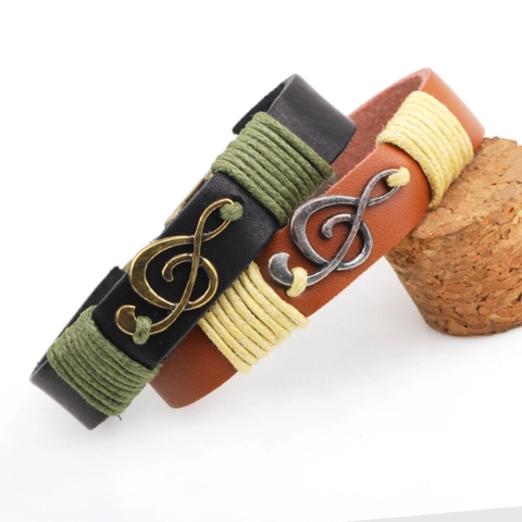 Vintage Musiknote Leder Armband Für Herren Damen Legierung Violinschlüssel Symbol Handgewebt Punk Verstellbar Schmuck
