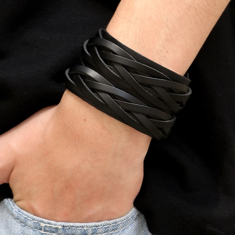 Bracelet Tressé en Cuir Véritable Homme Vintage Punk Rivet Réglable Large Jonc Enveloppant Bijoux Mode de Rue