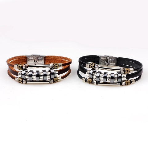 Vintage Multilayer Leather Bracelet Handmade Hematite Stone Beads Braid Bangle With Stainless Steel Clasp For Men Women Jewelry