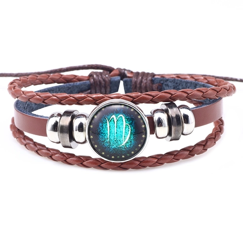Handmade Twelve Constellations Braided Leather Bracelet With Glass Zodiac Charm Vintage Multilayer Unisex Hand Jewelry Gift For Men Women