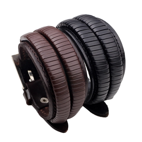 Heren Echt Rundleer Meerlaags Punk Armband Retro Breed Gevlochten Polsband Met Metalen Gesp Mode Sieraden Cadeau