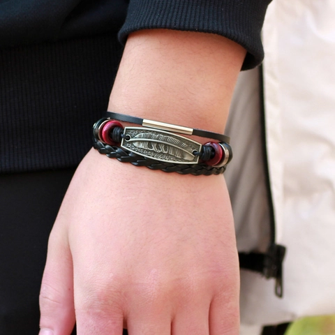 Vintage Legering Veer Meerlaagse Geweven Echt Leren Armband Voor Heren Boheemse Etnische Verstelbare Handsieraden Cadeau