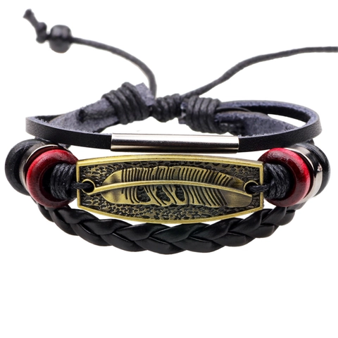 Vintage Legering Veer Meerlaagse Geweven Echt Leren Armband Voor Heren Boheemse Etnische Verstelbare Handsieraden Cadeau