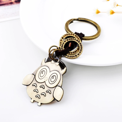 Vintage Owl Keychain Antique Bronze Metal Alloy Keyring With Hand Woven Leather Rope Owl Pendant Birthday Gift For Unisex