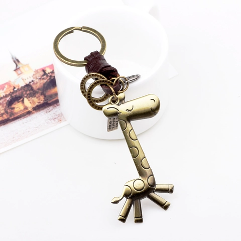 Vintage Giraffe Metall Schlüsselanhänger Cartoon Tier Leder Gewebt Schlüsselring Anhänger Retro Bronze Zinklegierung Charm Geschenk