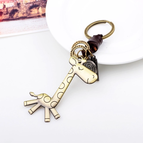 Vintage Giraffe Metall Schlüsselanhänger Cartoon Tier Leder Gewebt Schlüsselring Anhänger Retro Bronze Zinklegierung Charm Geschenk