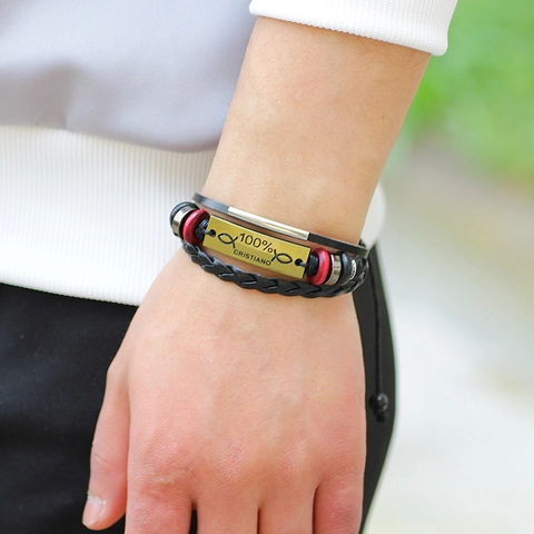 Bracciale Multistrato in Vera Pelle Intrecciata Vintage Ciondolo Pesce Ichthys Cristiano in Lega Grani di Legno Gioielli Bohémien