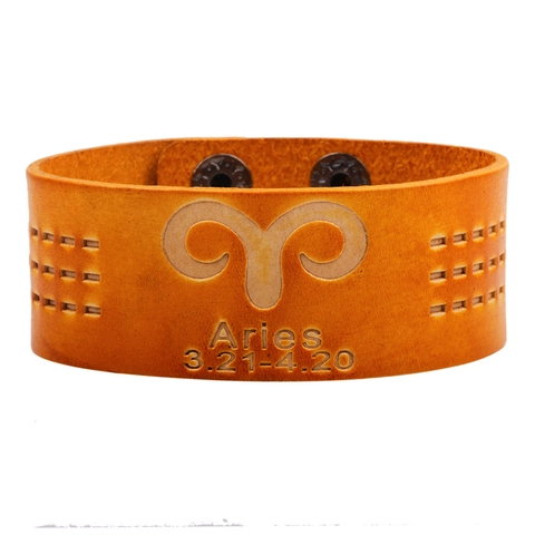 Vintage Wide PU Leather Twelve Constellation Bracelet For Men Women Embossed Zodiac Sign Adjustable Snap Button Bracelet