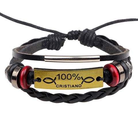 Bracciale Multistrato in Vera Pelle Intrecciata Vintage Ciondolo Pesce Ichthys Cristiano in Lega Grani di Legno Gioielli Bohémien