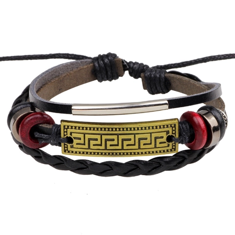 Vintage Multi-layer Woven Genuine Leather Bracelet For Men Alloy Greek Key Meander Pattern Gold Plate Adjustable Fashion Wristband Accessory Jewelry