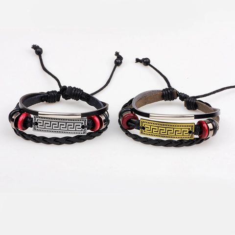 Vintage Multi-layer Woven Genuine Leather Bracelet For Men Alloy Greek Key Meander Pattern Gold Plate Adjustable Fashion Wristband Accessory Jewelry