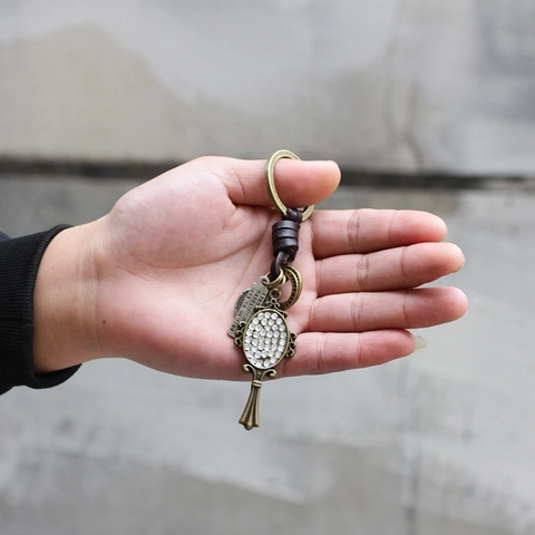 Vintage Antique Bronze Mirror Keychain With Rhinestone Woven Leather Strap Retro Metal Key Ring Bag Pendant Accessory