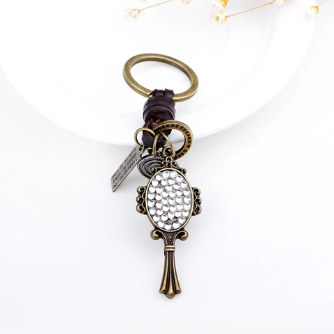 Vintage Antique Bronze Mirror Keychain With Rhinestone Woven Leather Strap Retro Metal Key Ring Bag Pendant Accessory