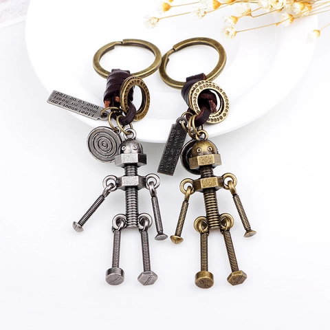 Portachiavi Robot Steampunk Vintage in Lega Metallica Industriale Con Cinturino in Pelle Intrecciata per Uomo Donna Charm per Borsa