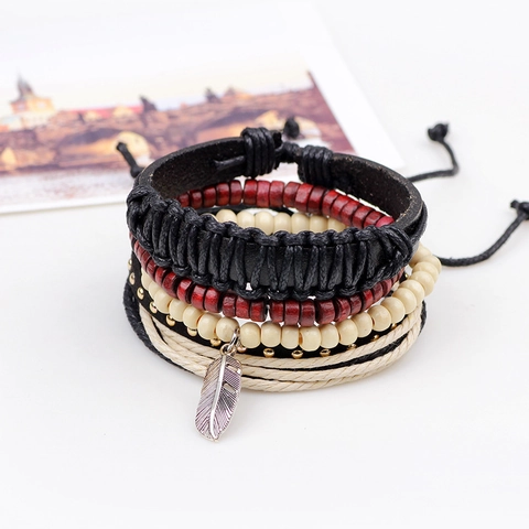 Vintage Men Leather Bracelet Set Woven Cord Wood Beads Feather Charm Bohemian Ethnic Style Adjustable Retro Men Jewelry Wristband
