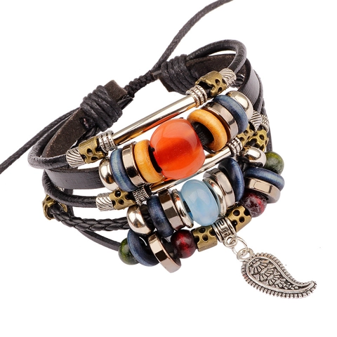 Vintage Mehrlagiges Lederarmband Geflochten Für Herren Damen Mit Legierung Blatt Anhänger Böhmischer Perlen Schmuck