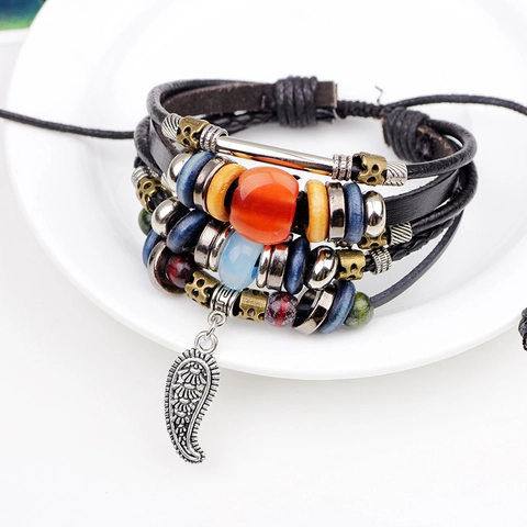 Vintage Mehrlagiges Lederarmband Geflochten Für Herren Damen Mit Legierung Blatt Anhänger Böhmischer Perlen Schmuck