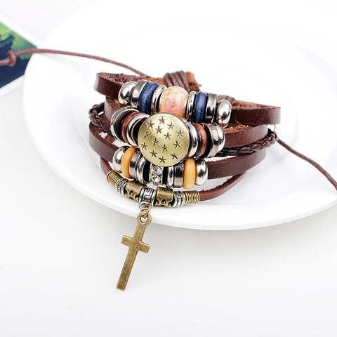 Bracciale Multistrato Vintage in Pelle Intrecciata per Uomo Donna Ciondolo Croce Stella in Lega Perline Legno Gioielli Punk Regalo