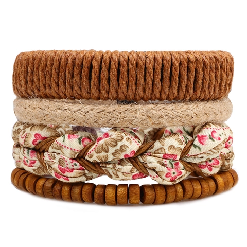 Boho Geflochtenes Lederarmband Mehrlagig Verstellbar Blumendruck Holzperlen Schmuck Für Damen Vintage Rural Handkette