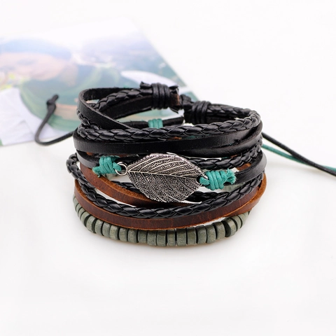 Retro Gelaagde Gevlochten Leren Armband Met Legering Blad Hanger En Houten Kralen Boheems Etnisch Mannen Vrouwen Sieraden