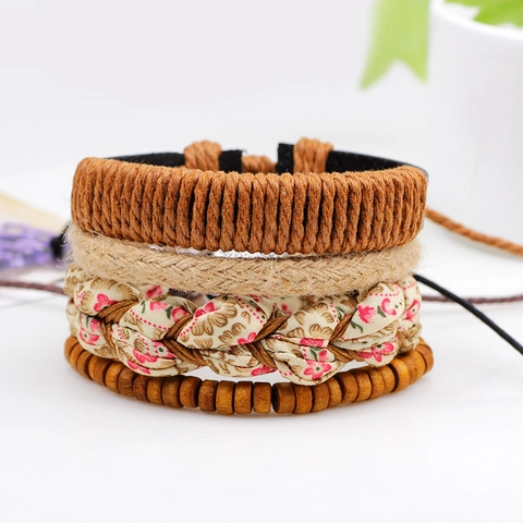 Boho Geflochtenes Lederarmband Mehrlagig Verstellbar Blumendruck Holzperlen Schmuck Für Damen Vintage Rural Handkette
