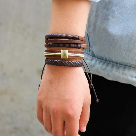 Vintage Men Woven Leather Bracelet Set Brown Multilayer Retro Cowhide Wood Beads Bracelet Adjustable Casual Fashion Jewelry