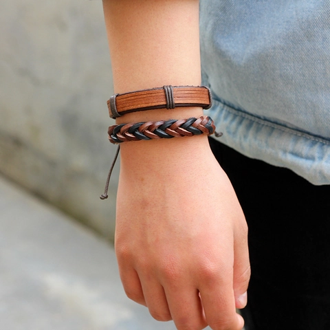 Vintage Men Woven Leather Bracelet Set Brown Multilayer Retro Cowhide Wood Beads Bracelet Adjustable Casual Fashion Jewelry
