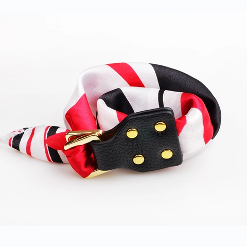Bracelet Foulard en Soie pour Femmes en Cuir Véritable Rivet Boucle en Alliage Foulard Rayé Bijoux de Main Accessoires de Sac