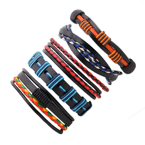 Retro Men's Multilayer Woven Leather Bracelet Colorful Braided Wax Rope Adjustable Ethnic Style Fashion Wristband