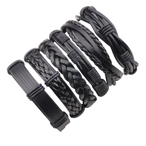 Set di Bracciali in Pelle di Mucca Intrecciata Punk Vintage da Uomo Bracciali in Corda di Cera Fatti a Mano Gioielli