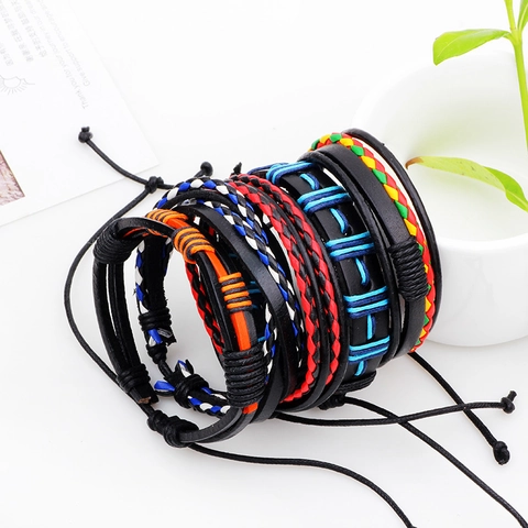 Retro Men's Multilayer Woven Leather Bracelet Colorful Braided Wax Rope Adjustable Ethnic Style Fashion Wristband