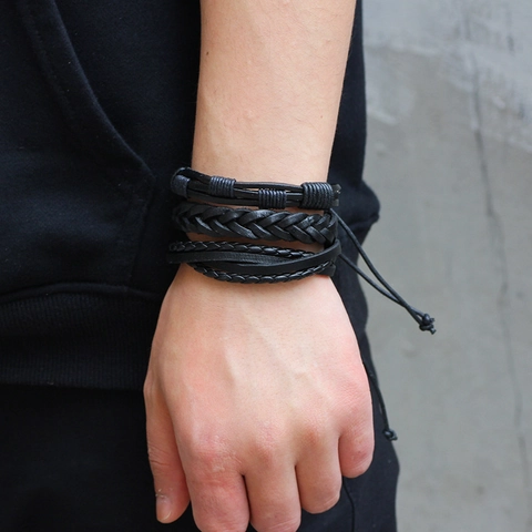 Set di Bracciali in Pelle di Mucca Intrecciata Punk Vintage da Uomo Bracciali in Corda di Cera Fatti a Mano Gioielli