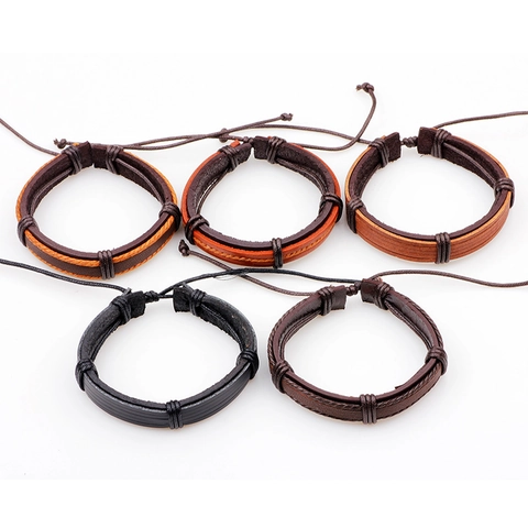 Men Retro Punk Woven Leather Bracelet Multilayer Braided Wax Rope Handmade Bohemian Style Adjustable Wristband Fashion Jewelry