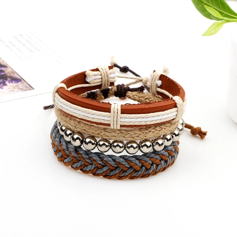 Bracciale in Pelle Intrecciata da Uomo Vintage Corda di Canapa Multistrato Perline Gioielli Casual Bohemien Cinturino Regolabile