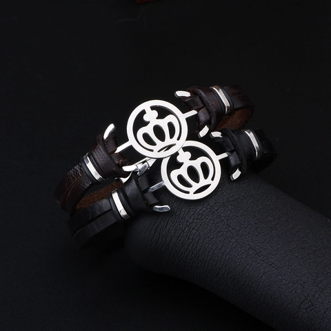 Bracciale in Vera Pelle da Uomo Retro Intrecciato Simbolo Om Corona in Acciaio Inossidabile Stile Punk Gioielli Coppia Bracciale