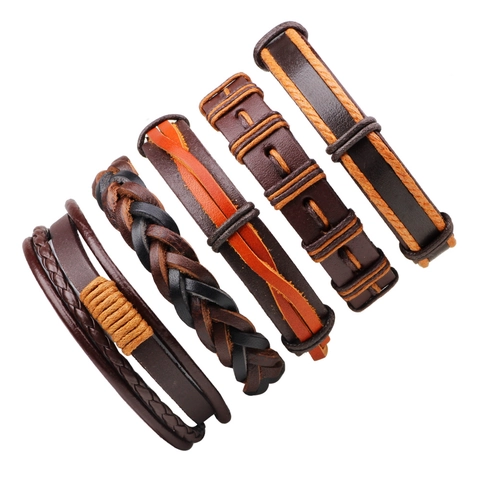 Bracciale in Pelle Intrecciata Retro Multistrato Stile Punk Cordino Regolabile Gioielli da Uomo Fatti a Mano Marrone Nero