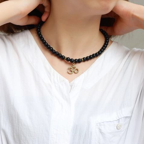 Ethnic Handmade Matte Black Stone Beaded Bracelet With Buddha Head And Om Symbol Pendant For Men Women Yoga Jewelry