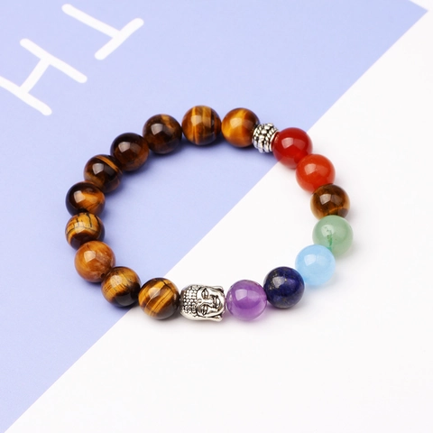 Natural Tiger Eye Stone Agate Seven Chakra Beaded Bracelet Retro Silver Alloy Buddha Head Stretch Yoga Energy Balancing Bracelet For Women Men