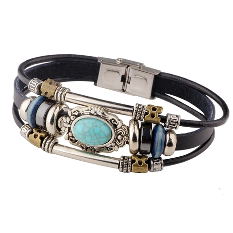 Bracciale in Pelle di Vacchetta Retrò per Uomo Bohemien Intrecciato a Strati Con Pietra Sintetica Chiusura in Acciaio