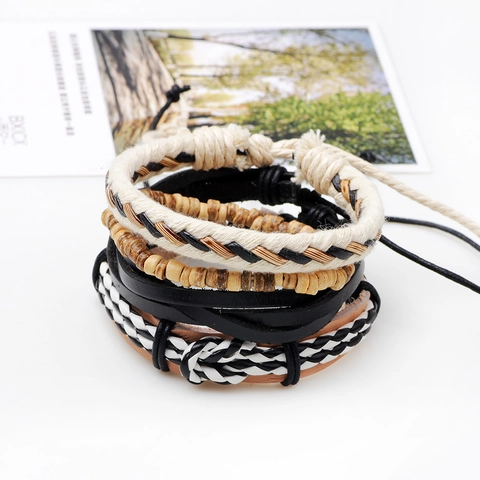 Vintage Men Multi-layer Leather Bracelet Handmade Woven Beaded Wrap Bracelet With Wood Beads Alloy Leaf Owl Charm Jewelry