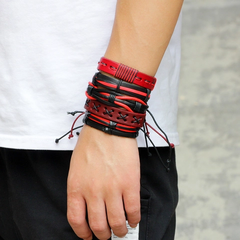 Vintage Herren Geflochtenes Leder Armband Mehrlagig Rot Schwarz Punk Verstellbar Mode Handgelenk Schmuck Zubehör Geschenk