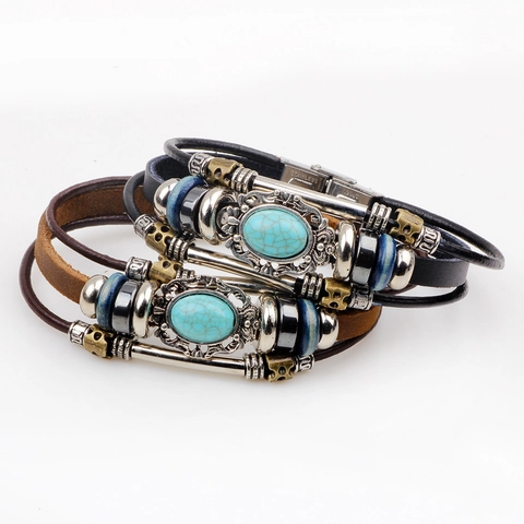 Bracciale in Pelle di Vacchetta Retrò per Uomo Bohemien Intrecciato a Strati Con Pietra Sintetica Chiusura in Acciaio