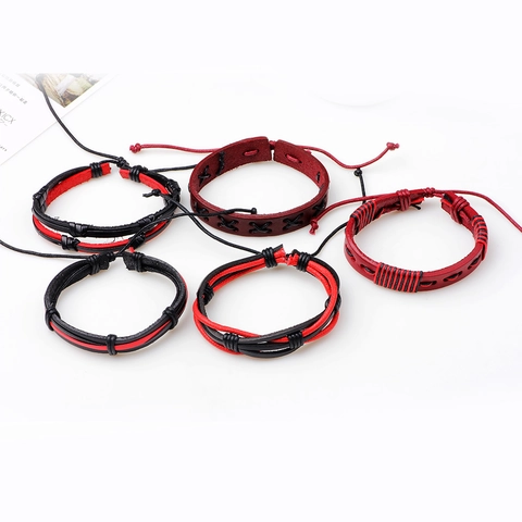 Vintage Herren Geflochtenes Leder Armband Mehrlagig Rot Schwarz Punk Verstellbar Mode Handgelenk Schmuck Zubehör Geschenk