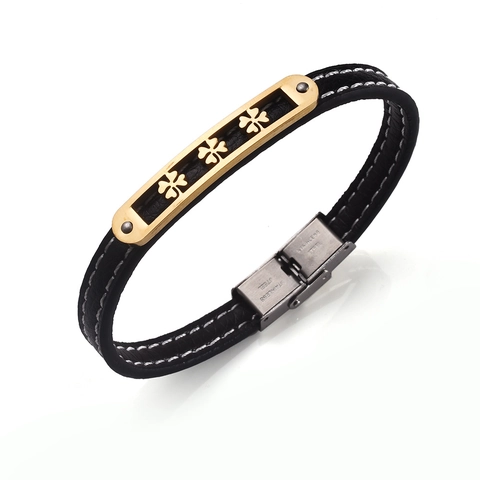 Vintage Echt Leer Armband Voor Unisex Klavertje Vier Opengewerkte Roestvrij Stalen Plaat Zwarte Band Sieraden
